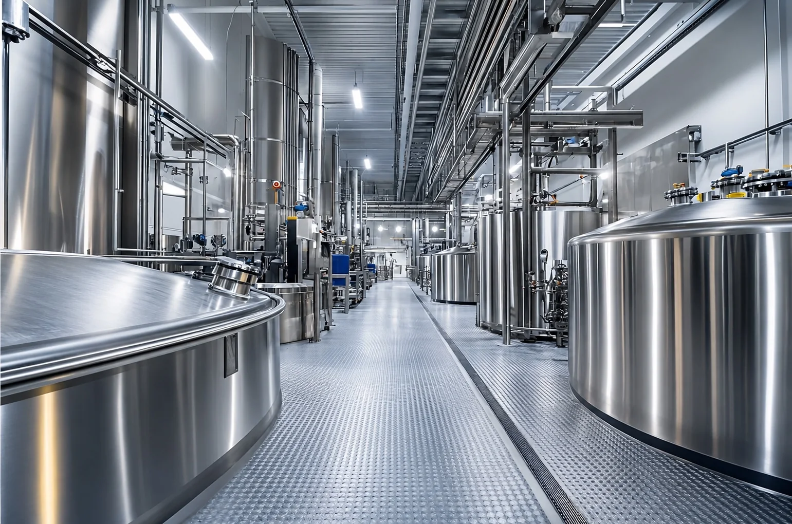Large stainless-steel dairy storage and processing tanks
