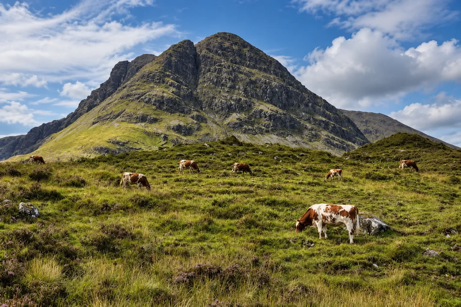 Cows grazing on Scottish highland grassland beneath a rocky mountain