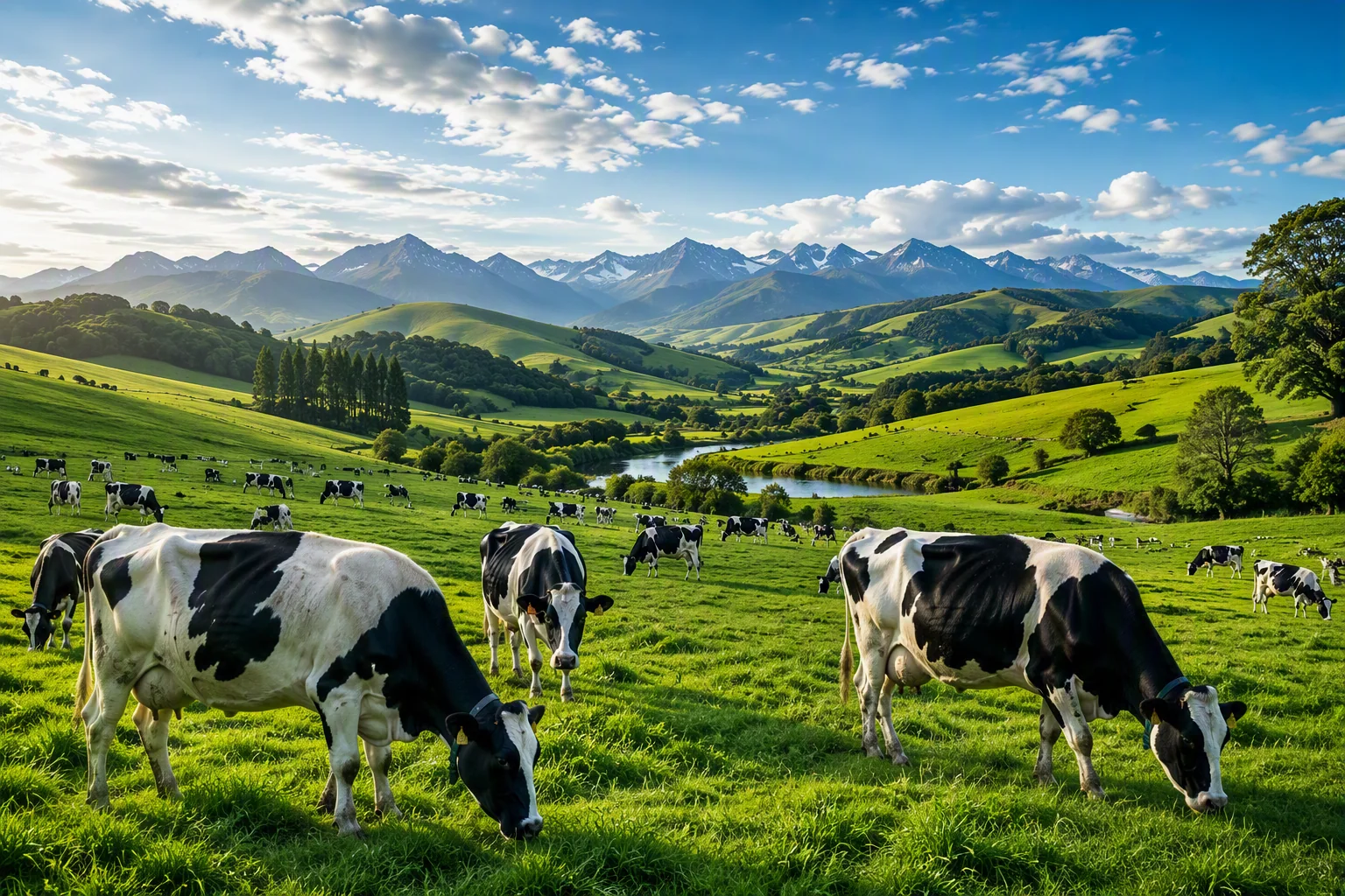 Dairy cows grazing on green grassland in a hilly production region